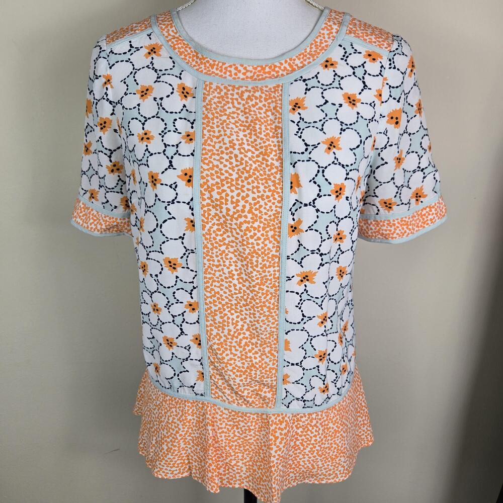 Boden Blouse Womens 6 Orange Floral Print Short Sleeve Peplum Hem Top Boho